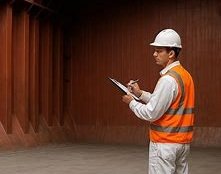 Inspector de ILC realizando inspección P&I Condition Survey, con overol blanco con líneas celestes/azules/naranjas, chaleco de seguridad naranja y casco blanco.